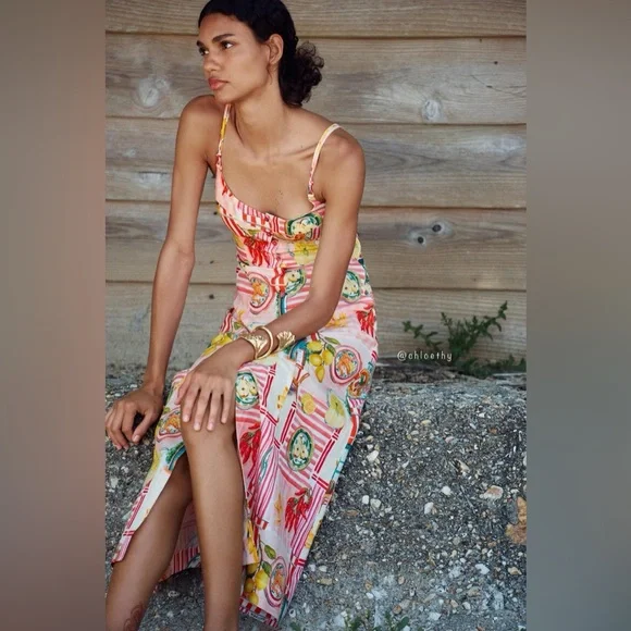 Zara PATCHWORK PRINT LINEN MIDI DRESS - Picture 5 of 9